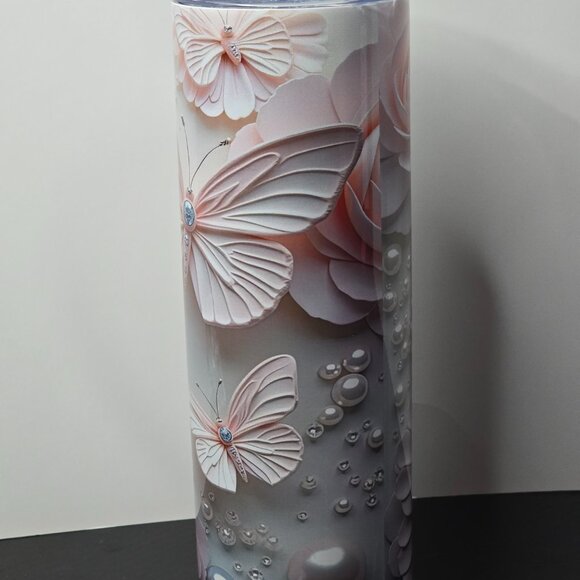 Pink 3D Butterflies and Flowers 20 oz Tumbler - Picture 4 of 4